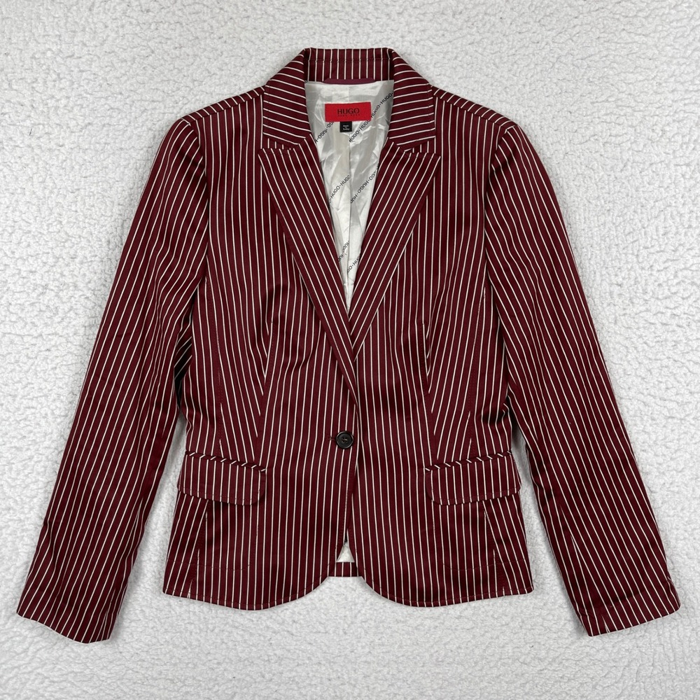 Hugo Blazer Womens 4 Burgundy Pinstripe Single Button Professional Dark Academia
